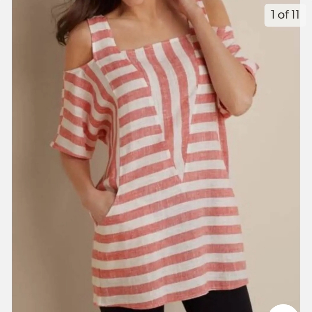 Soft Surroundings Women Top Striped Linen Tunic SzM Red White Culd Shoulder